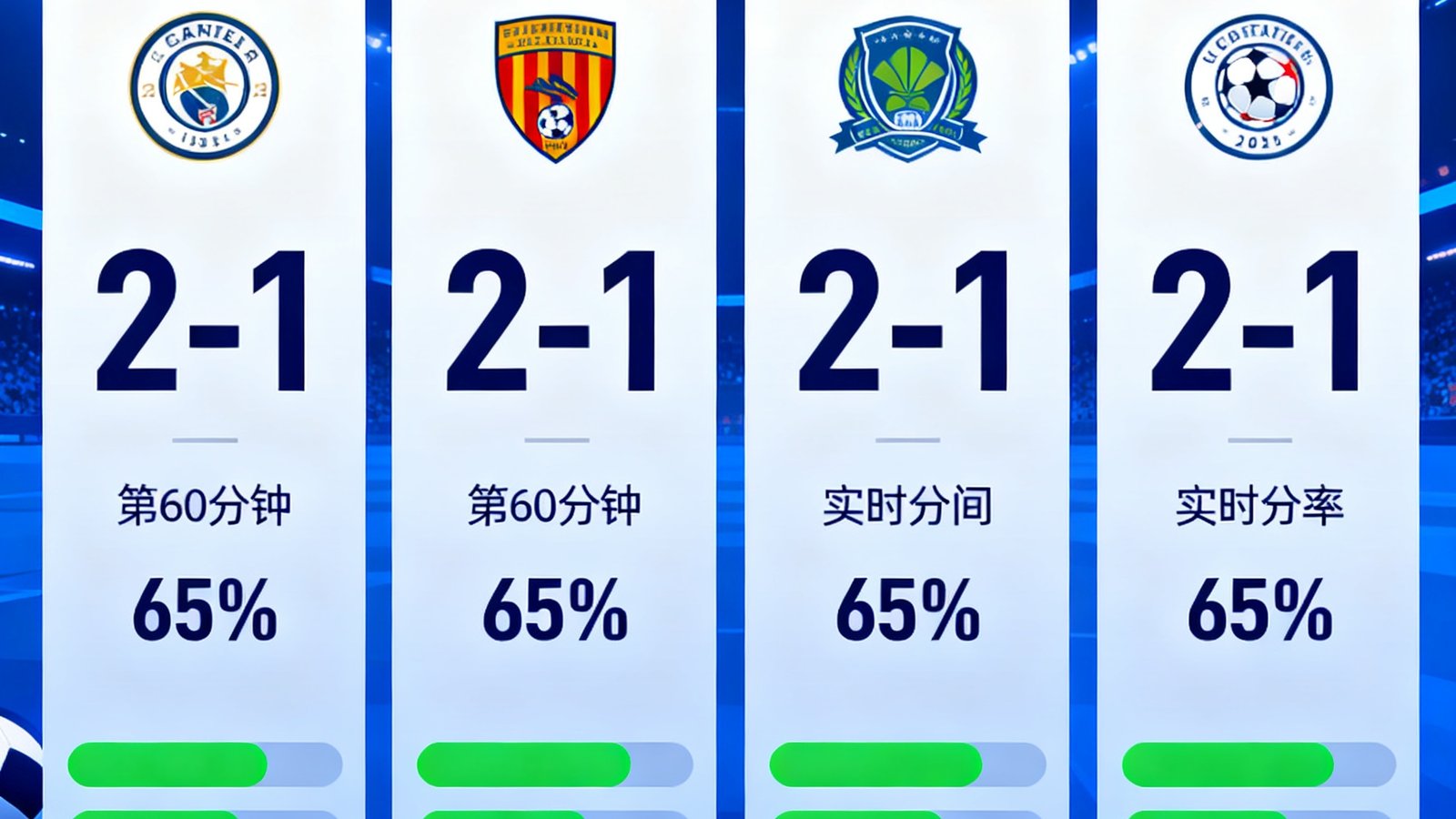 B体育实时比分多场同屏追踪功能界面，四场足球比赛比分卡片并排显示，每张卡片包含队徽、实时比分、比赛时间和控球率进度条。