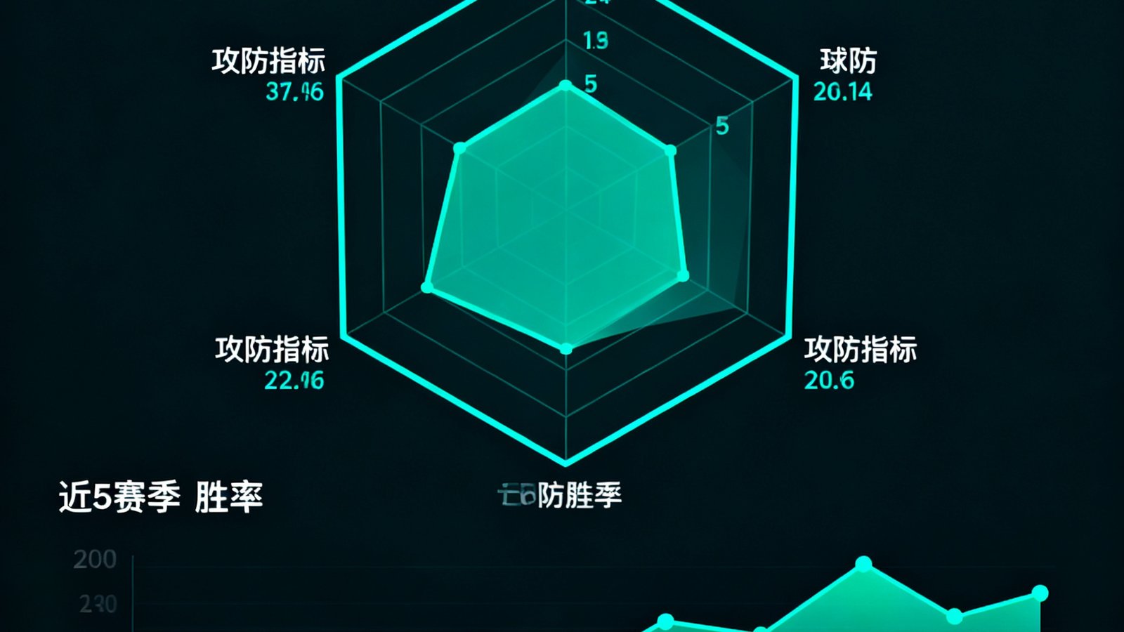 B体育球队数据雷达图分析面板，六边形雷达图展示球队攻防指标，下方折线图呈现近5赛季胜率走势，配色使用霓虹青色和深色背景。